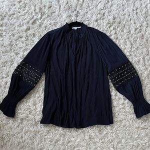 Chico's Navy Beaded Sleeve V-Neck Blouse Size Medium EUC
